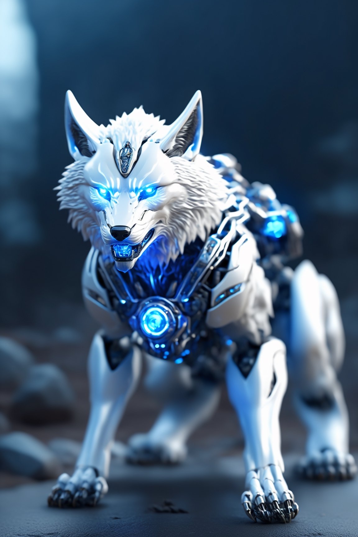 crawling white and blue stone werewolf fighting hightech bio robot,intricate mech details, ground level shot, 8K resolution, Cinema 4D, Behance HD, polished metal, Unreal Engine 5, rendered in Blender, sci-fi, futuristic, trending on Artstation, epic, cinematic background, dramatic, atmospheric,full_body, movie still, action_pose, cyborg style,DonMCyb3rN3cr0XL ,photo r3al,Spirit Fox Pendant