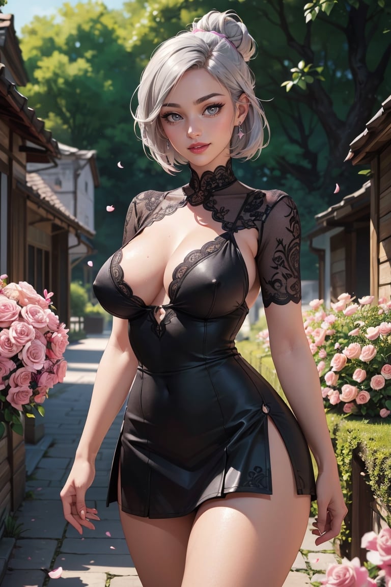 2B from Nier Automata with a cute black dress walking in a old village, (masterpiece, best quality:1.4), (extremely detailed, 8k, uhd), cinematic shot, natural lighting, ultra highres, vibrant rich colors, (beautiful, aesthetic, perfect, delicate, intricate:1.2), (sharp focus, from front:1.3), cowboy shot, eye level shot, 1girl, portrait of a asian woman, 25 years old, silver short hair, beautiful high messy bun, (extremely hot, attractive, beautiful, sexy, romantic, lovable, big boobs, feminine:1.2), calm, happy, kind, expressive eyes, long eyelashes, relaxed, (smiling:1.2), (beautiful detailed face, highly detailed skin, grey eyes, looking at viewer:1.3), gorgeous, breathtaking beauty, seductive, captivating, pale skin, long hair, perfect female figure, (slim:0.5), (full body:0,5), (wearing a mini skirt:1.2), (big breast:1.2) (highly saturated lipstick, purple pink lips, luscious thick lips), beautiful lush garden, old village, flowing petals, intricate details, (depth of field, bokeh), daytime, award winning photography, detailed background, volumetric fx, photorealism, hyper-detailed, 