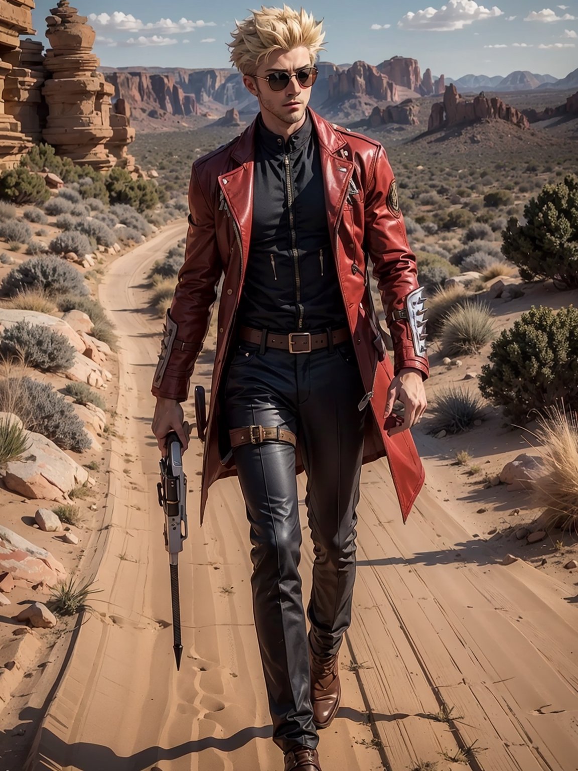 Full body, "Vash, Trigun", red coat, “Silver Gun, one to quash the will. The principle is the same.” ((handsome)) ((handsome face)), black_shirt ((blonde)) ((one man)) walking in the desert ((spike hair)) ¨round yelloe sunglasses¨ ((four belts)) ((full body)) ¨big cross in back¨