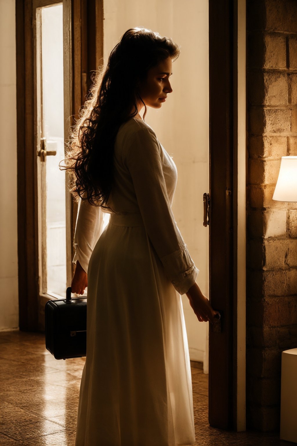 A melancholic woman stands at the doorway, suitcase in hand, her eyes filled with tears as she looks back at her beloved. The room is dimly lit, filled with bittersweet memories of their time together. Her expression is a mix of sorrow and determination, knowing she must leave to not stand in his way. The scene captures the deep emotional weight of farewell, with soft, warm light highlighting the tenderness of the moment.