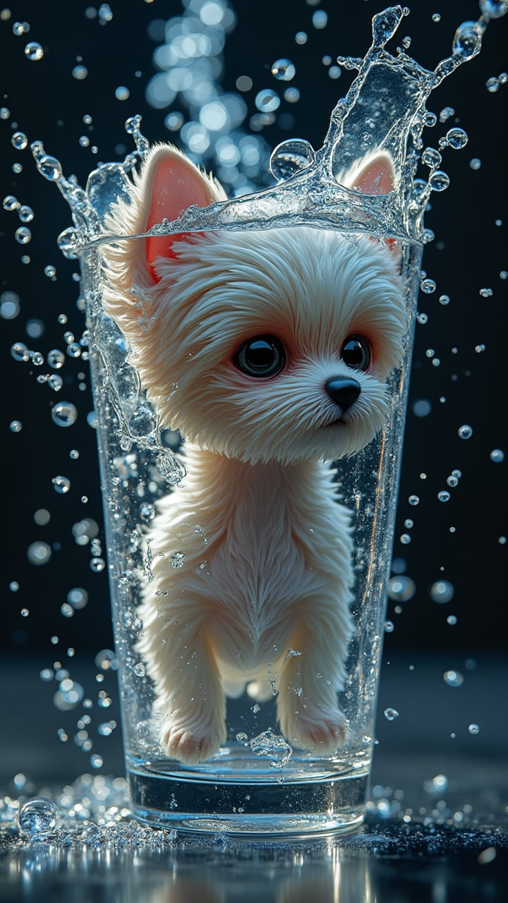 Ultra realistic illustration. Macro view,water explosion on a glass BREAK scattering of water particles as flow of electricity BREAK a small cute doggy is inside the glass.amazing details, perfect lighting and  reflections,unreal engine 5, RTX on,ultra HD, 8k, intricate, masterpiece