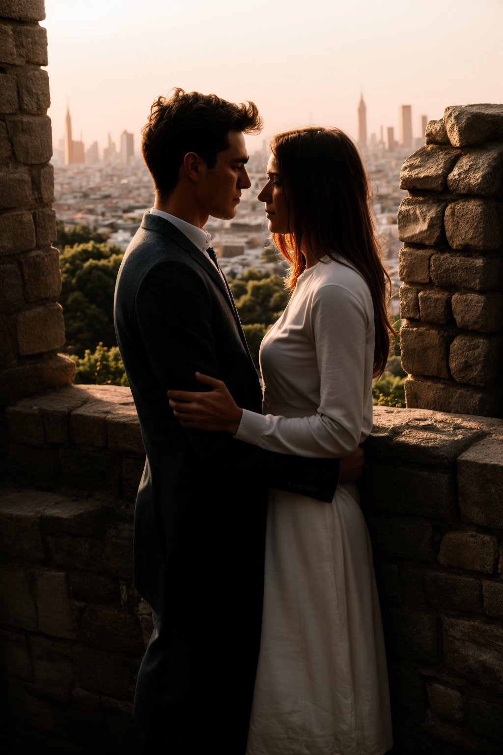 Two lovers standing on opposite sides of a tall, ancient stone wall, reaching out to each other with longing eyes. The background shows a bustling city at twilight, with warm lights contrasting their melancholy expressions. One holds a symbol of their faith while the other clutches a heart-shaped locket. The scene captures the struggle and hope of their forbidden love, blending both sorrow and a glimmer of possibility.