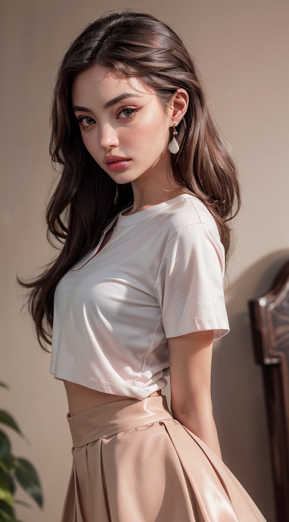 a portrait of 18 yo woman, ((small Breasts)), (((Blush cheeks, glossy lips, thick eyebrows, thick lips, Perfect oval face, sharp nose))), Her face is a combination of Angelina Jolie, Ariana Grande, Alexandra Daddario, Anne Hathaway, (hi-top fade:1.3), soothing tones, muted colors, high contrast, (natural skin texture, hyperrealism, soft light, sharp), ((((A photorealistic of beautiful woman with tan skin Standing against a random background, Wearing shirts and skirts, .)))),realhands,,Hori,better_hands,1 girl,SAM YANG,perfect