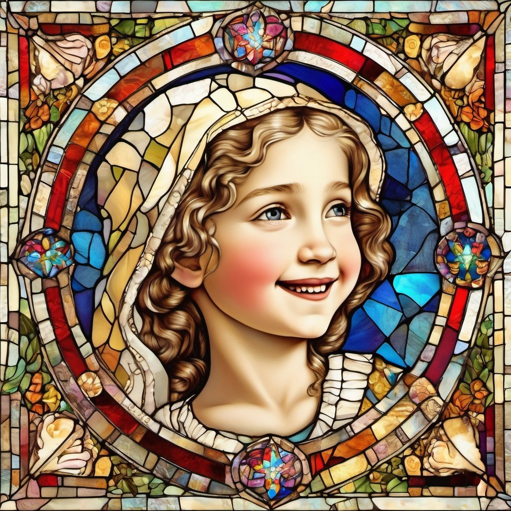 Happy, big smile  madona and child, blessed, welcoming , cute, adorable, vintage, art on a cracked paper, fairytale, patchwork, stained glass, storybook detailed illustration, cinematic, ultra highly detailed, tiny details, beautiful details, mystical, luminism, vibrant colors, complex background