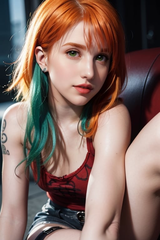 (8k,  RAW photo,  photorealistic:1.25),  ( lipgloss,  eyelashes,  gloss-face,  glossy skin,  best quality,  ultra highres,  depth of field,  chromatic aberration,  caustics,  Broad lighting,  natural shading,  hayley williams, german girl,  blonde hair,  face peefect,  clear face,  The shape is just right,  high heel,  celebrity,  superstar,  rocker style,  paramore band,  Long hair open face,  wear a Rock outfit,  green eyes,  city,  street,  Eyebrows-eyes-nose-ear-hair-tooth-face like Hayley Williams, splitting hairs.