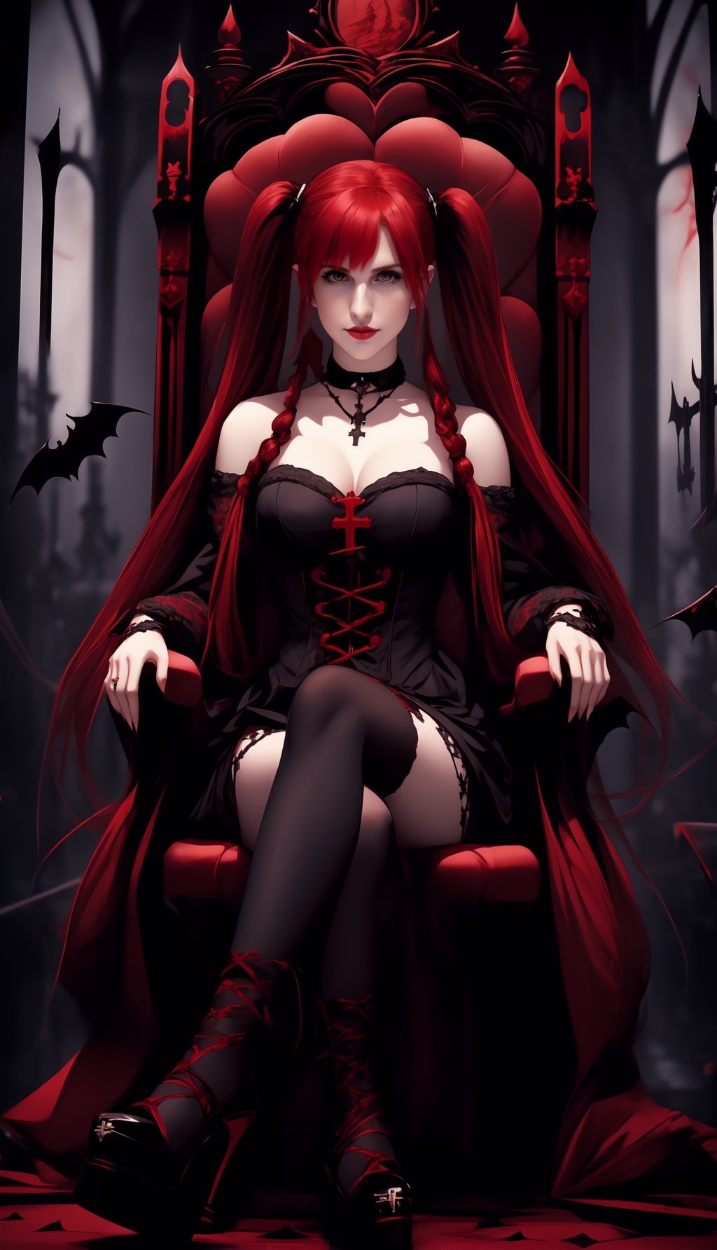 perfecteyes, emo hair, emo style, dark, castle, HW2, red_hair, vampire, temple,1 girl, halloween,High detailed, twin_tails, twilight, lumina, Sitting cross-legged on a throne, spooky, high_heels