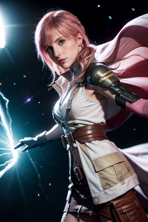 (8k, RAW photo, photorealistic:1.25), ( lipgloss, eyelashes, gloss-face, glossy skin, best quality, ultra highres, depth of field, chromatic aberration, caustics, Broad lighting, natural shading, cowboy shot, solo, 1girl, lightning farron, expressionless, closed mouth, sleeveless, shoulder armor, cape, skirt, gloves, green eyes, hayley williams, america girls, Thin eyebrows, Stressed face, pink_hair, Lightning hair, lightning farron, action poses,full_body, Final Fantasy XIII, Lightning Gunblade, NO_HUMANS RUINS SPACE GLOWING TANABATA T, perfecteyes,lightning farron