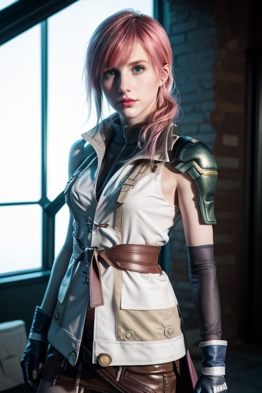 (8k, RAW photo, photorealistic:1.25), ( lipgloss, eyelashes, gloss-face, glossy skin, best quality, ultra highres, depth of field, chromatic aberration, caustics, Broad lighting, natural shading, cowboy shot, solo, 1girl, lightning farron, expressionless, closed mouth, sleeveless, shoulder armor, cape, skirt, gloves, green eyes, hayley williams, america girls, Thin eyebrows, Stressed face, pink_hair, Lightning hair, action poses, full_body, Final Fantasy XIII, Lightning Gunblade, NO_HUMANS RUINS SPACE GLOWING TANABATA T, perfecteyes, lightning farron