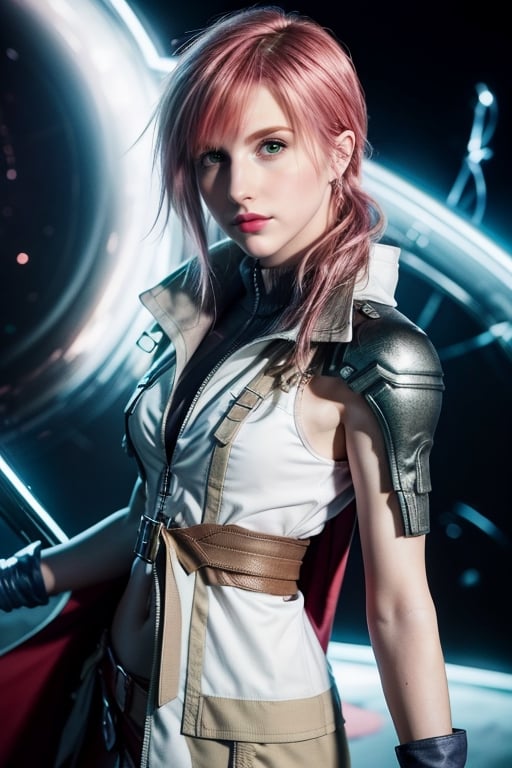 (8k, RAW photo, photorealistic:1.25), ( lipgloss, eyelashes, gloss-face, glossy skin, best quality, ultra highres, depth of field, chromatic aberration, caustics, Broad lighting, natural shading, cowboy shot, solo, 1girl, lightning farron, expressionless, closed mouth, sleeveless, shoulder armor, cape, skirt, gloves, green eyes, hayley williams, america girls, Thin eyebrows, Stressed face, pink_hair, Lightning hair, action poses,full_body, Final Fantasy XIII, Lightning Gunblade, NO_HUMANS RUINS SPACE GLOWING TANABATA T, perfecteyes,lightning farron,ff8bg
