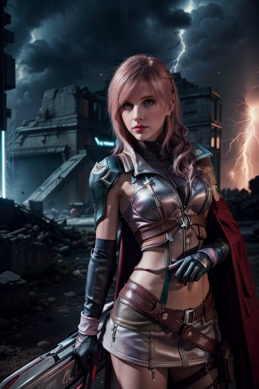 (8k, RAW photo, photorealistic:1.25), ( lipgloss, eyelashes, gloss-face, glossy skin, best quality, ultra highres, depth of field, chromatic aberration, caustics, Broad lighting, natural shading, cowboy shot, solo, 1girl, lightning farron, expressionless, closed mouth, sleeveless, shoulder armor, cape, skirt, gloves, green eyes, hayley williams, america girls, Thin eyebrows, Stressed face, pink_hair, Lightning hair, action poses, full_body, Final Fantasy XIII, Lightning Gunblade, NO_HUMANS RUINS SPACE GLOWING TANABATA T, perfecteyes, lightning farron, ff8bg