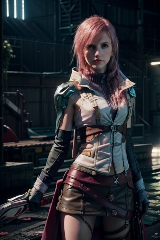 (8k, RAW photo, photorealistic:1.25), ( lipgloss, eyelashes, gloss-face, glossy skin, best quality, ultra highres, depth of field, chromatic aberration, caustics, Broad lighting, natural shading, cowboy shot, solo, 1girl, lightning farron, expressionless, closed mouth, sleeveless, shoulder armor, cape, skirt, gloves, green eyes, hayley williams, america girls, Thin eyebrows, Stressed face, pink_hair, Lightning hair, action poses,full_body, Final Fantasy XIII, Lightning Gunblade, perfecteyes,lightning farron,ff8bg,sleeveless