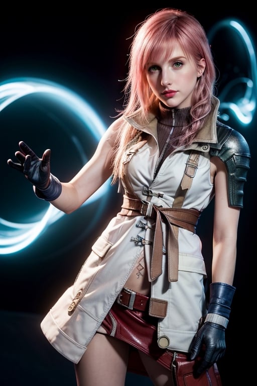 (8k, RAW photo, photorealistic:1.25), ( lipgloss, eyelashes, gloss-face, glossy skin, best quality, ultra highres, depth of field, chromatic aberration, caustics, Broad lighting, natural shading, cowboy shot, solo, 1girl, lightning farron, expressionless, closed mouth, sleeveless, shoulder armor, cape, skirt, gloves, green eyes, hayley williams, america girls, Thin eyebrows, Stressed face, pink_hair, Lightning hair, lightning farron, cool poses,full_body, Final Fantasy XIII, Lightning Gunblade,NO_HUMANS RUINS SPACE GLOWING TANABATA T,perfecteyes