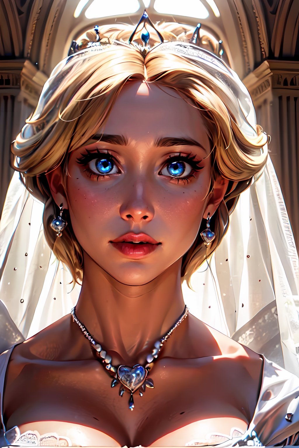 ((beatiful Queen)) ((wedding veil with lace and pearls))blue_eyes,blond_hair,long_hair,twintails,breasts,jewelry,earrings, beatiful blondair_ribbon,dress,thighhighs,white_gloves,eyebangs,clothing_cutout,
masterpiece,best quality,ultra detailed, 8k, cinematic light,highly detailed, scenery,pose,solo,looking at viewer,