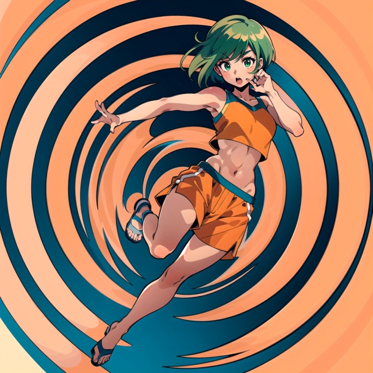 1girl, solo, fullbody, 1980 1990 anime retro nostalgia , dynamic angle, looking away, exposed stomach, ultimate details, orange crop top, orange shorts, pearls, dark green eyes, green eyeshadow, (teeth:0.6), dark blonde hair, (masterpiece, best quality)