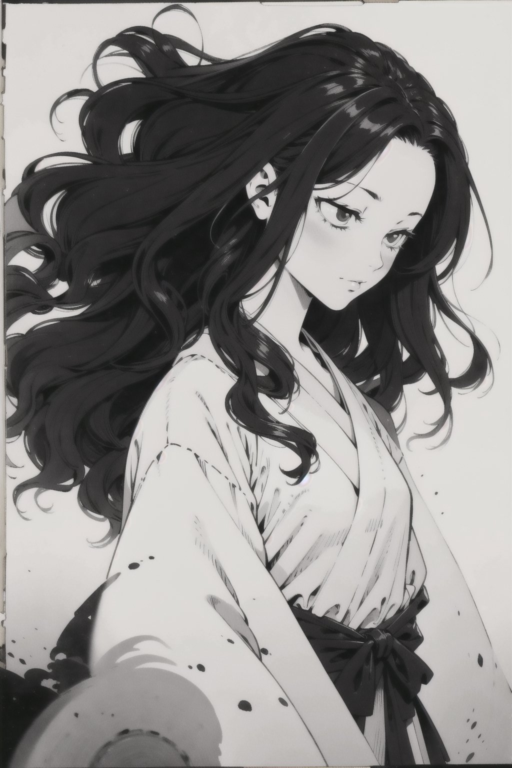 1girl, relaxed, long hair, dark hair, (curly hair:1.2), (masterpiece, best quality:1.2), greyscale, midjourney, (monochrome:1.2), greyscale monochrome boichi manga style