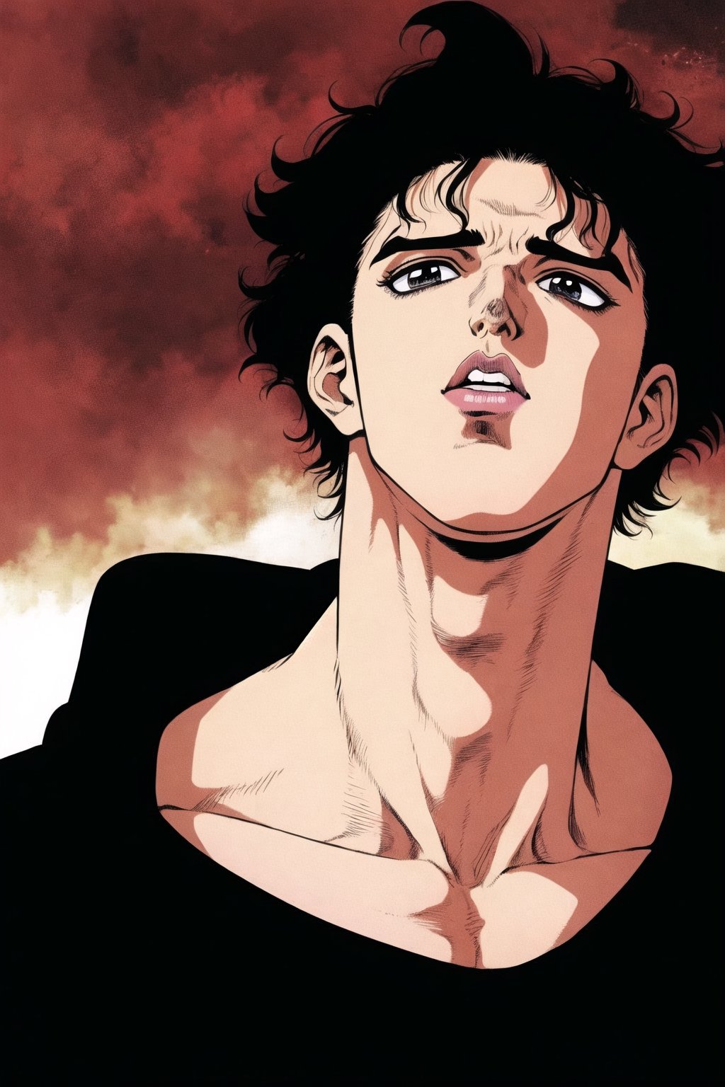 1boy, solo, black hair, black shirt, upper body, retro artstyle, 1990s \(style\), anime coloring, urushihara satoshi,boichi manga style, Hirohiko Araki