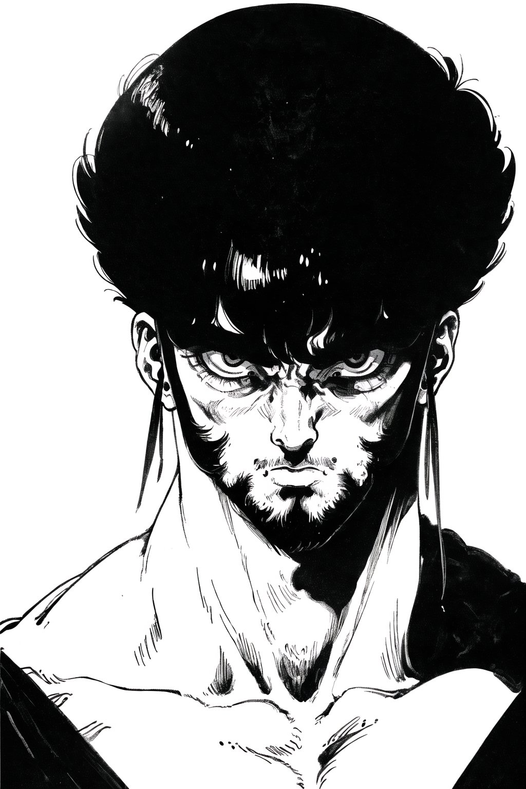 1boy, solo, short hair, buzz cut, black hair, full beard, black shirt, upper body, retro artstyle, 1990s \(style\), urushihara satoshi, monochrome, white background,boichi manga style