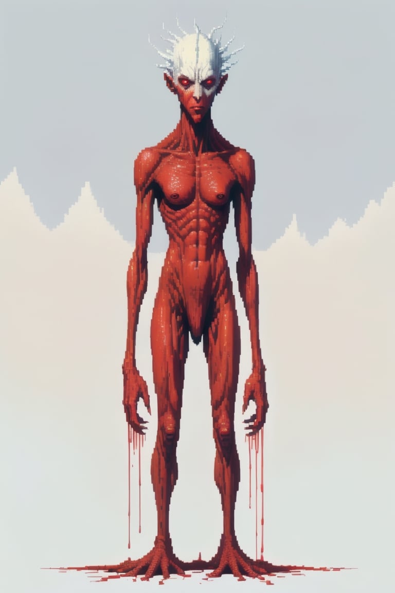 Long slender tessellated (humanoid:1.3) by Zdzisław Beksiński,  Leonardo Style, pixel art,pixel, (white background:1),aesthetic portrait,Monster,blood