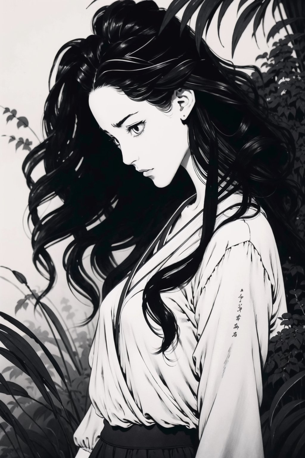 1girl, relaxed, long hair, dark hair, (curly hair:1.2), (masterpiece, best quality:1.2), greyscale, midjourney, (monochrome:1.2), greyscale monochrome boichi manga style