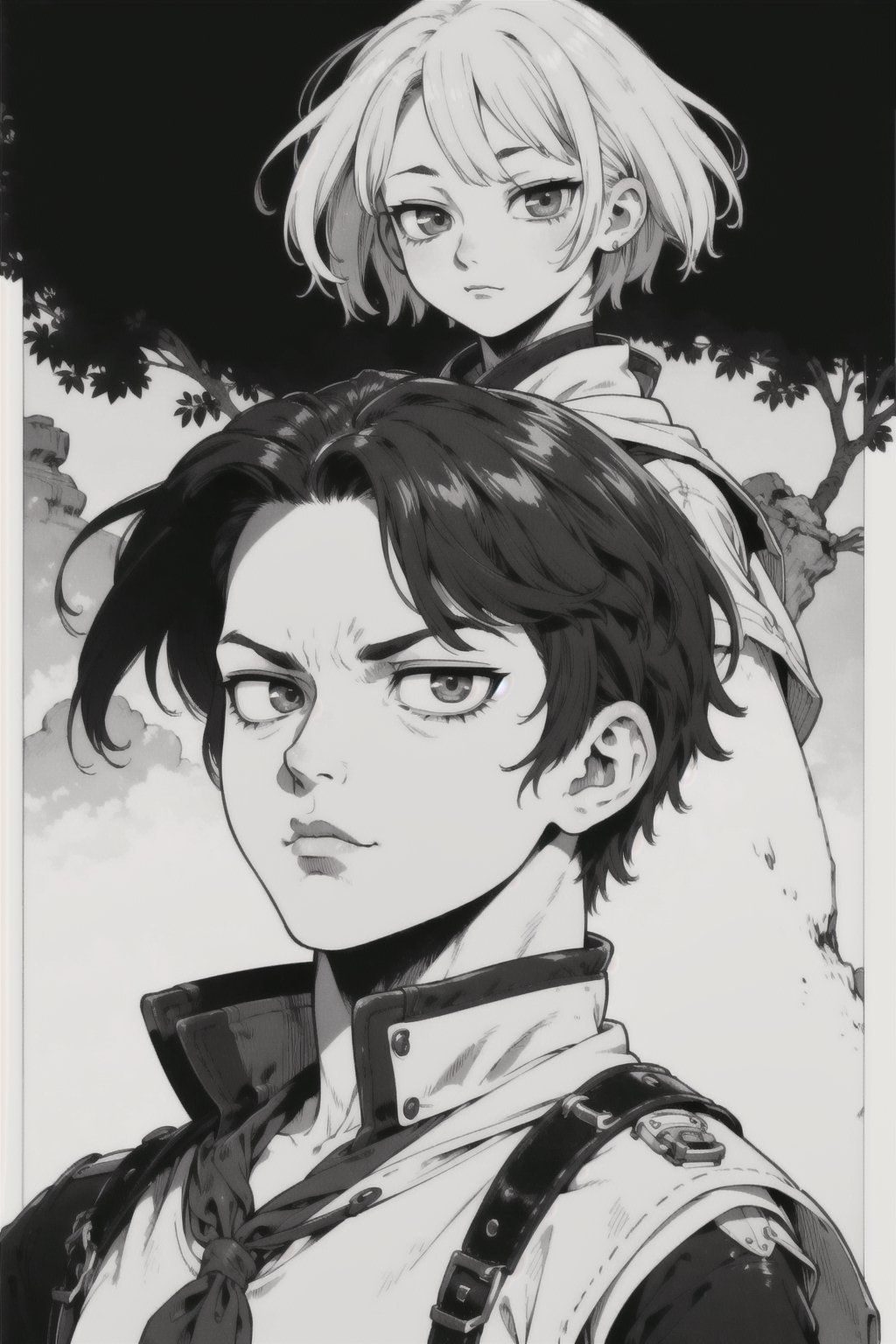 1boy, (bishonen, adventurer, gyaruo:1.3), relaxed, short hair, flat hair, (masterpiece, best quality:1.2), greyscale, midjourney, monochrome, greyscale monochrome boichi manga style,boichi manga style