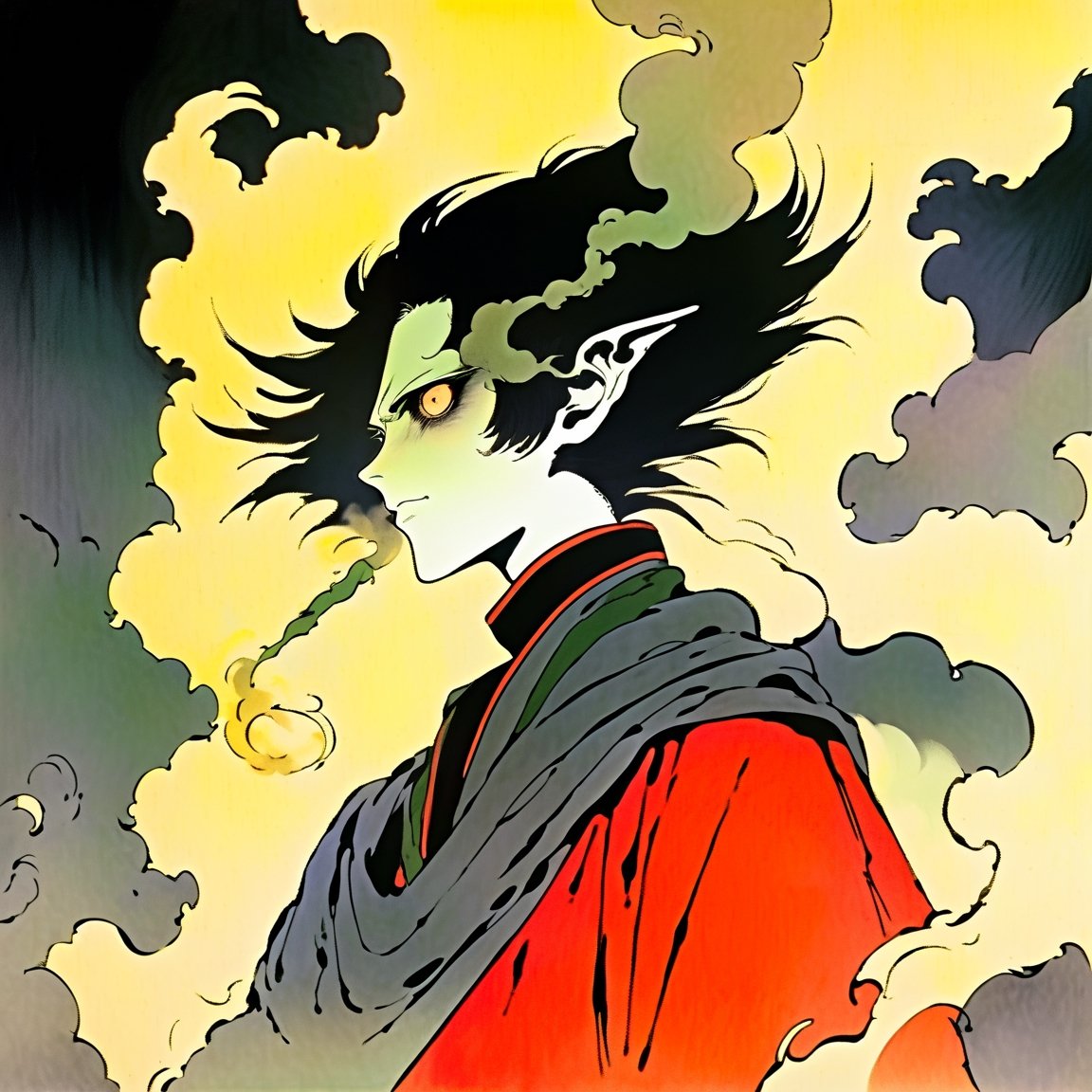 a beautiful androgynous humanoid creature looking over its shoulder with pale eyes and smoke flowing out from its sclera, concept art, yoshitaka amano, (masterpiece, niji anime, best quality, niji style)
