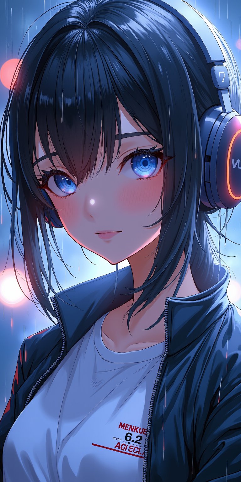 1 girl, anime style in realistic style, (slightly above:1.5), portrait of a beautiful young woman, highlighted hair, pale blue eyes, headphones, olympic jacket, white shirt, rainy weather, ultra detailed, ultra high resolution, merge of the best anime artists styles,Anime Style,Anime style,Manga style 