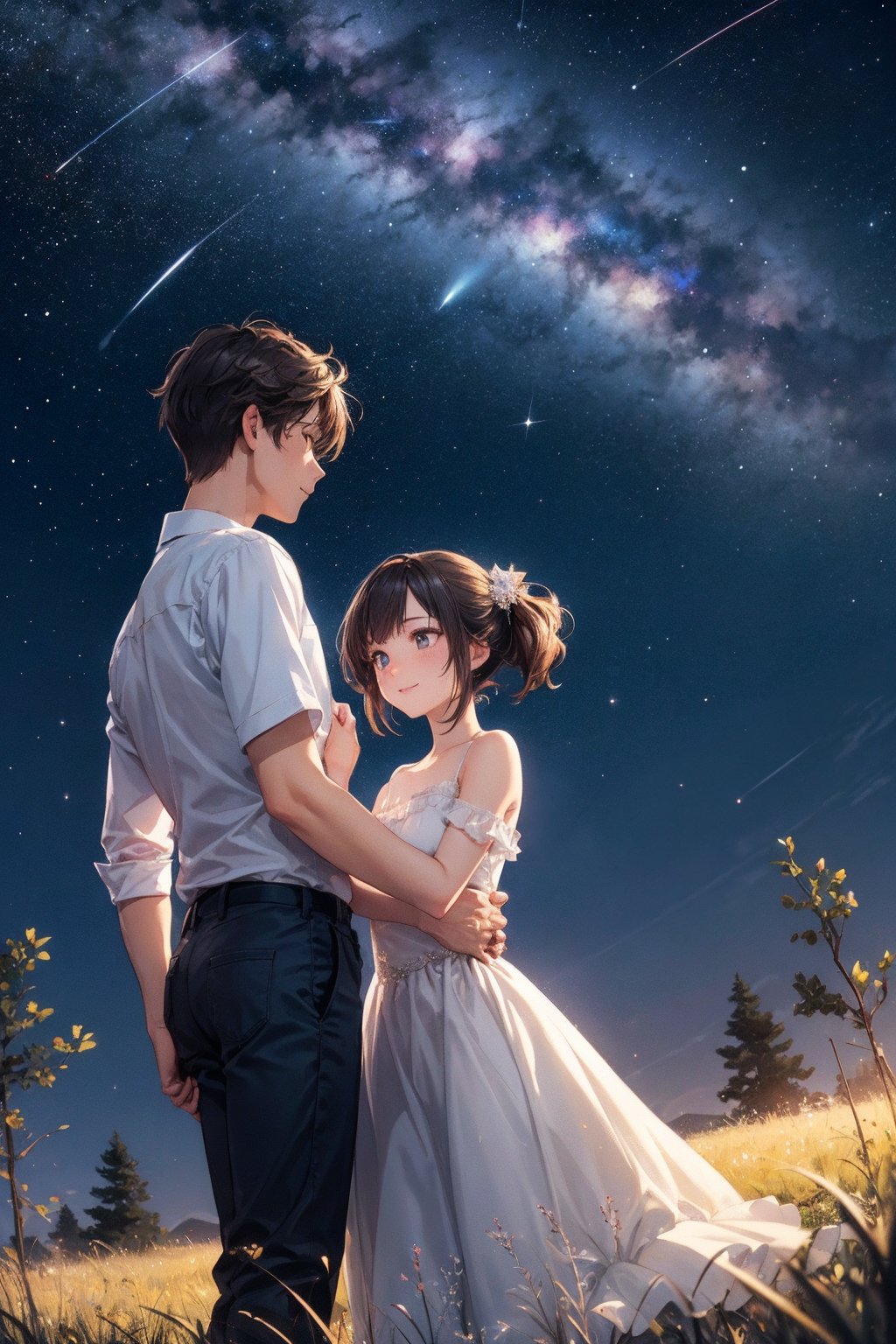 "A romantic night scene rendered in a blend of 3DCG and watercolor style, featuring a young couple under a starry sky. The boy and girl are standing close together, gazing up at a brilliant shooting star that illuminates the sky. The girl's smile shines brightly as the stars twinkle around them. The night sky is filled with countless stars, creating a magical and serene atmosphere. The couple's hearts are united, symbolized by the shooting star tying their dreams together. The background includes gentle rolling hills and a calm, expansive meadow, adding to the peaceful and romantic setting. The colors should be soft and dreamy, with watercolor textures blending seamlessly with the 3DCG elements. Focus on the glowing shooting star, the tender expressions of the couple, and the ethereal quality of the scene."