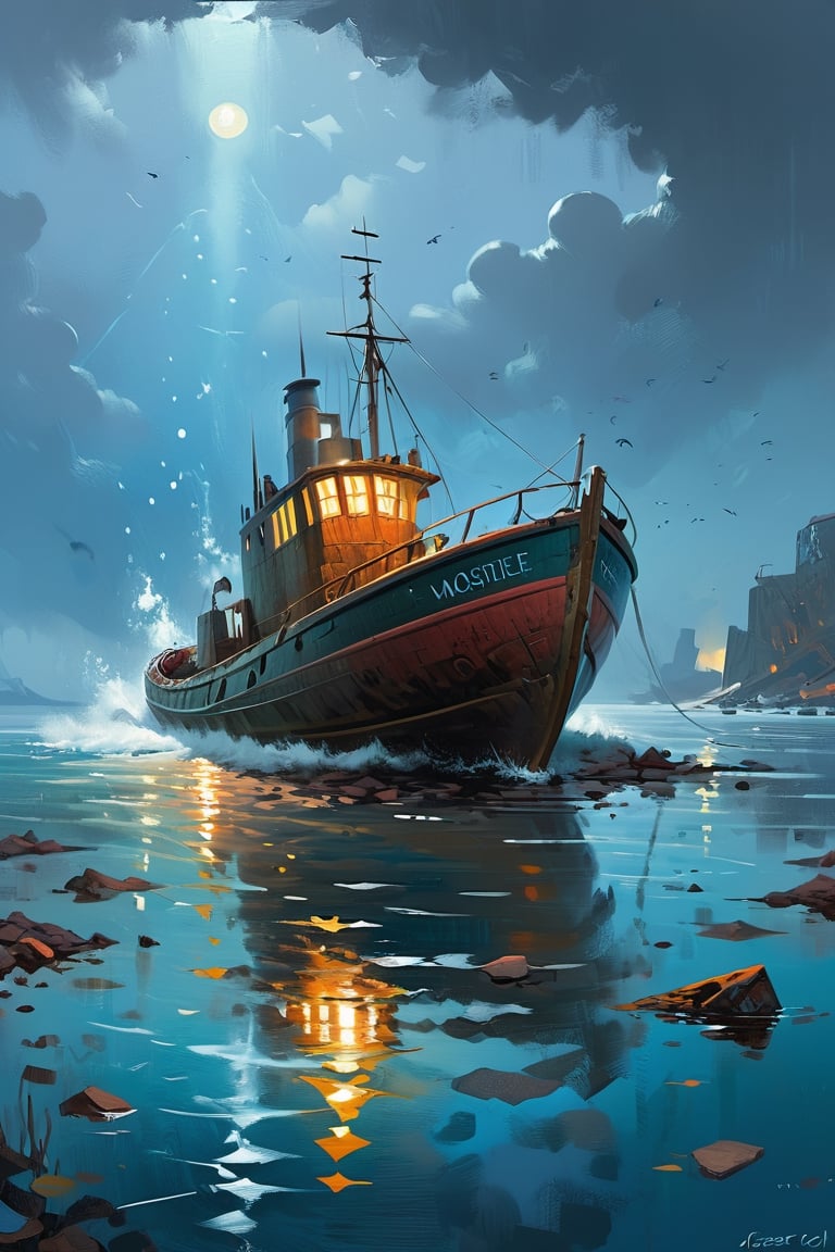 Impressionist painting a painting of a boat in a body of water,stefan koidl inspired,by Jesper Ejsing,by Ismail Inceoglu,dramatic artwork,bussiere rutkowski andreas rocha,inspired by Ismail Inceoglu,a submarine, underwater, lost in a storm,by Aleksander Gine,by William Bonnar,beautiful artwork,silvain sarrailh,,, (((masterpiece))),(((best quality))),((ultra-detailed)) . Loose brushwork, vibrant color, light and shadow play, captures feeling over form
,greg rutkowski,