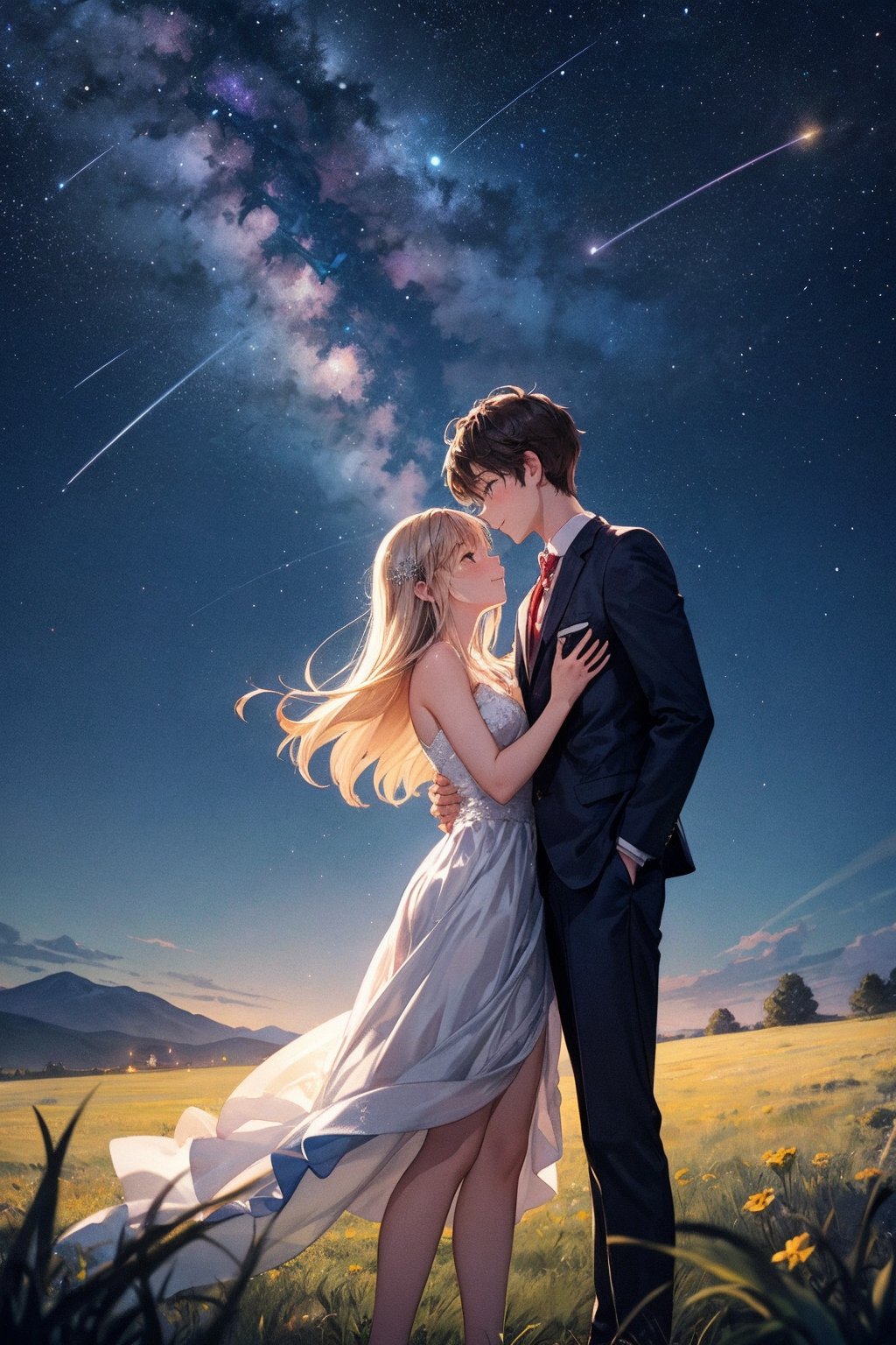 "A romantic night scene rendered in a blend of 3DCG and watercolor style, featuring a young couple under a starry sky. The boy and girl are standing close together, gazing up at a brilliant shooting star that illuminates the sky. The girl's smile shines brightly as the stars twinkle around them. The night sky is filled with countless stars, creating a magical and serene atmosphere. The couple's hearts are united, symbolized by the shooting star tying their dreams together. The background includes gentle rolling hills and a calm, expansive meadow, adding to the peaceful and romantic setting. The colors should be soft and dreamy, with watercolor textures blending seamlessly with the 3DCG elements. Focus on the glowing shooting star, the tender expressions of the couple, and the ethereal quality of the scene."