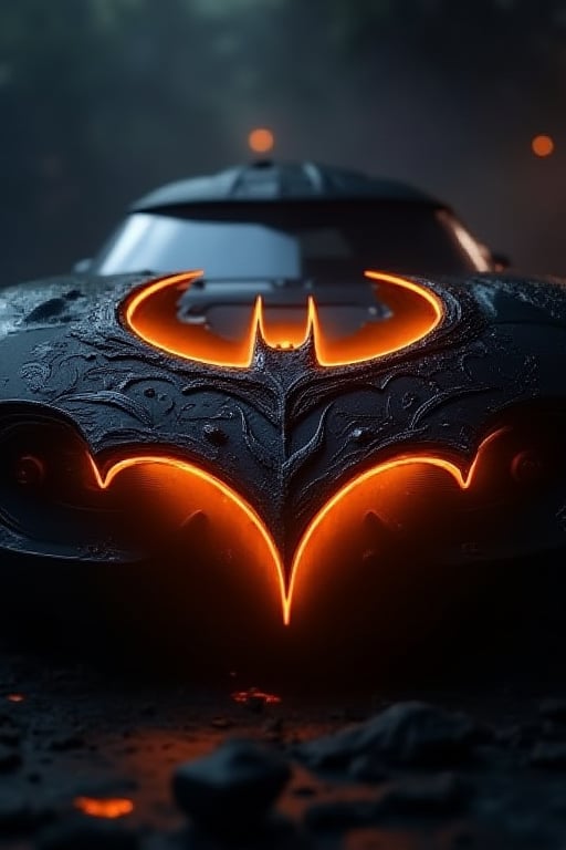 Create a Logo of Bat symbol, with edge glow with orange colour, and with batmobile in background, dark wallpaper, detailed information, best quality, best image, masterpiece.