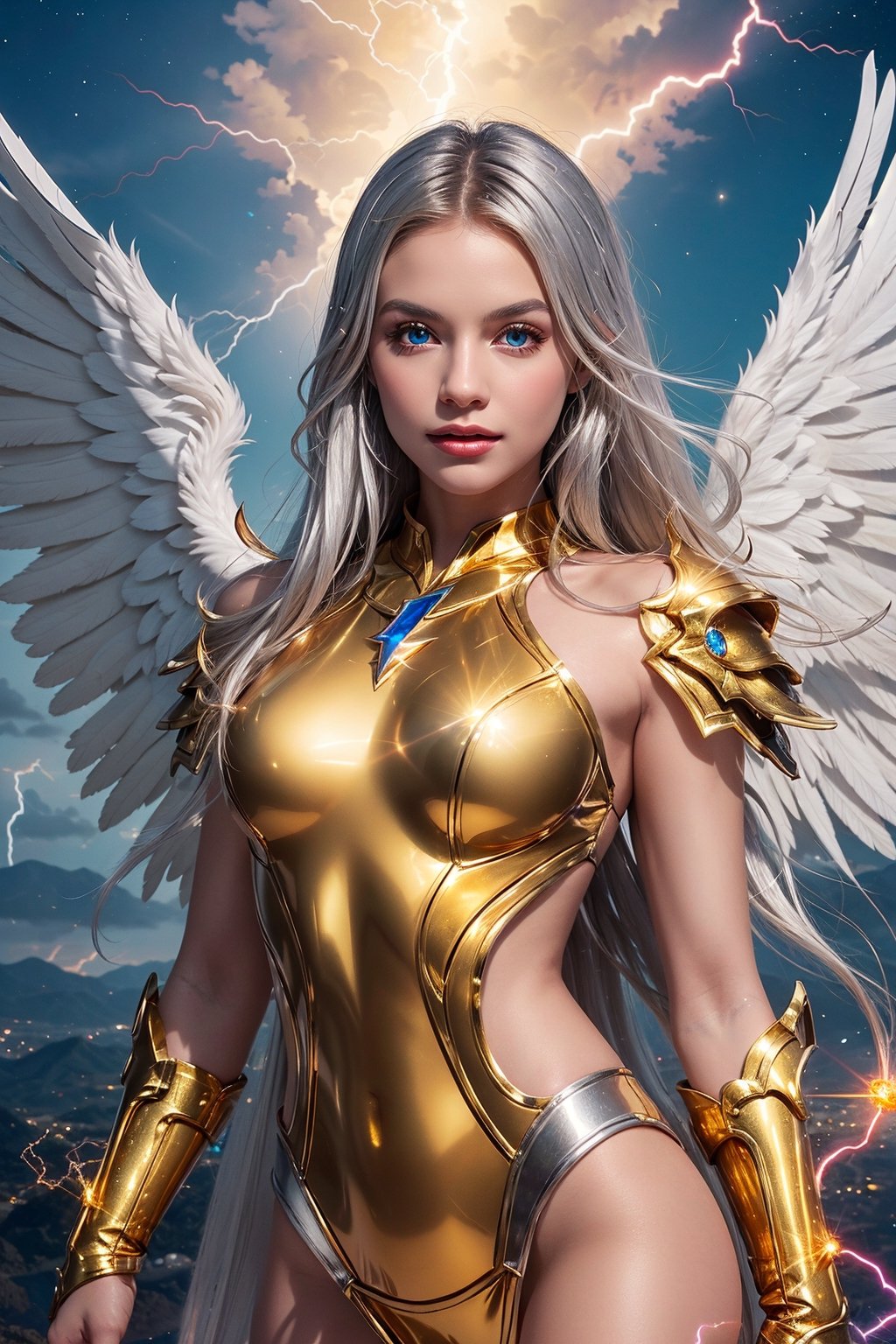 Generate an image of a stunning lightning femdom angel with magnificent wings that emit a golden glow. The angel possesses lightning powers, and her eyes shine with a radiant golden hue. She has long, flowing silver hair and wears divine armor that glistens with celestial energy."