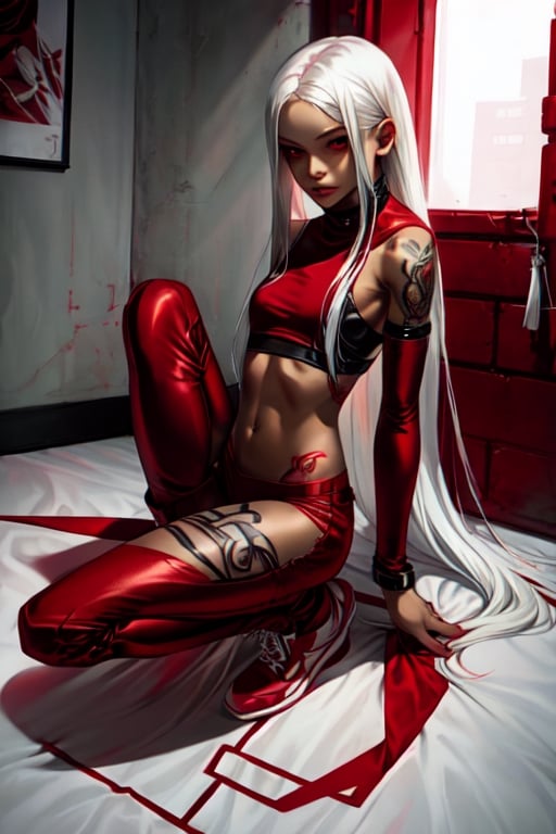 Future Setting, full body, 13 Years old, Girl, skinny body, Long White Hair, Tight red Clothing, Tattoos, thief, ,perfecteyes