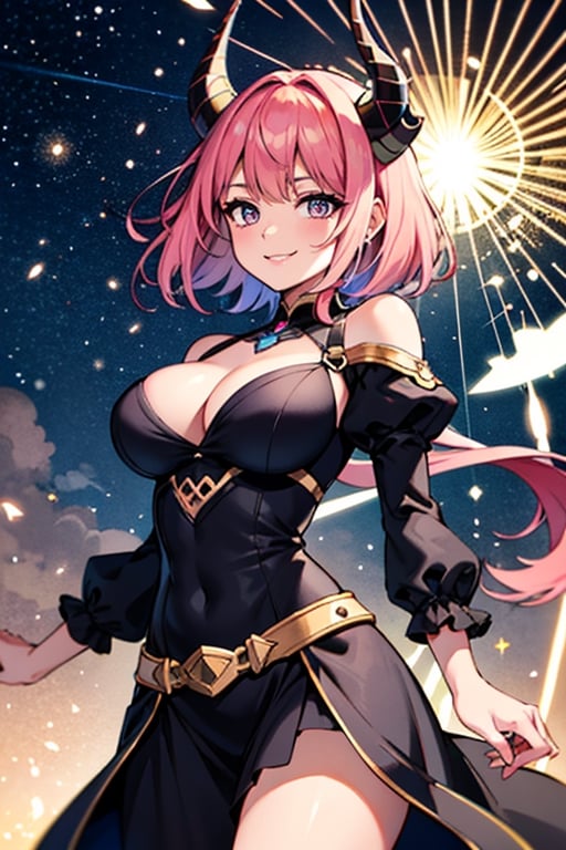 pink growing eyes, pink hair,
1woman, solo, (horn:1.1), tattoo, cleavage, cowboy shot, sadistic smile, seductive smile,
black dress,
(ultra detailed background, masterpiece background:1.2), starry sky, (fantasy:1.2),
(dynamic lighting, dramatic shadows, light brush, cinematic lighting, reflected light, luminous, glitch, natural lighting, film Reflection, Rembrandt lighting, colorful refraction, light particles, bloom, chromatic aberration, illusion effect, light diffusion:1.0),