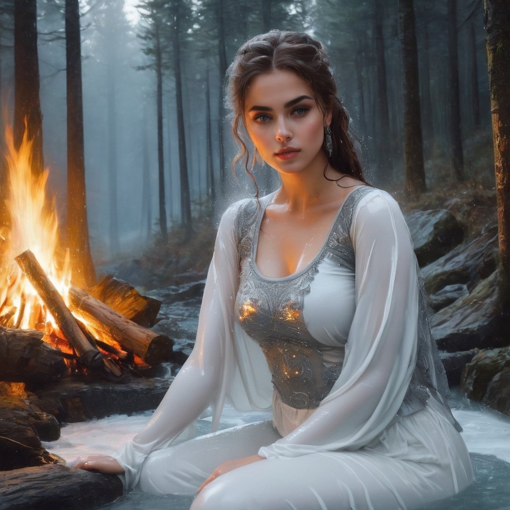 Painting (sparth:0.8) and (Arthur Rackham:1.3) portrait of (Helena the Scholar) with shoulder covered, wearing (elastic top:1.8) with (crystals:1.5), sitting (alone) by the fire in the night forest, (back to camera:2),
stunning and bright white background, Tanya Shatseva, Gabriele Del Otto, Frank Frazetta,
Midjourney AI style, ((wet clothes, wet hair, bathing in water, face focused, skin pores : 1.5)),soakingwetclothes