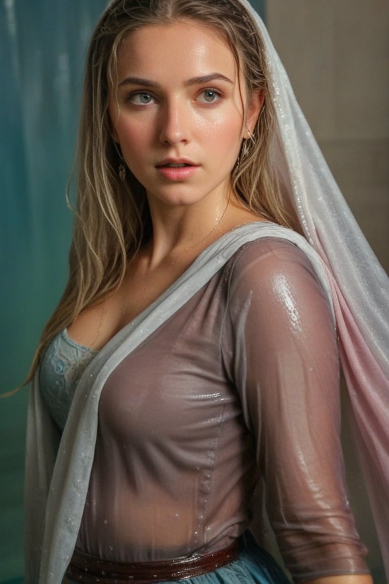 (wet clothes, wet hair, wet, wet face, wet skin,  : 1.4 ),(Chiaroscuro Solid colors background),( Beautiful wet German queen covered by a shawl on her shoulder ),(greater details in definitions of wet face and eyes), (realistic and detailed wet skin textures), (extremely clear image, UHD, resembling realistic professional photographs, film grain), beautiful wet blonde hair,beautiful blue iris, ((wearing wet Baroque-style crimson dirndl ballgowns partly covered by wet shawl,clothes with vibrant colors, , submerge,  hugging, very wet drenched hair, wet face:1.2)), infused with norwegian elements. The dress combines intricate lace and embroidery with colorful ballgown-inspired patterns. A wide obi belt cinches her waist, while puffed sleeves and delicate accessories complete the look, showcasing a striking fusion of cultures.,ct-drago
.
, soakingwetclothes, wet clothes, wet hair, Visual Anime,art_booster,anime_screencap,fake_screenshot,anime coloring,Pakistani dress,indian, Indian beauty