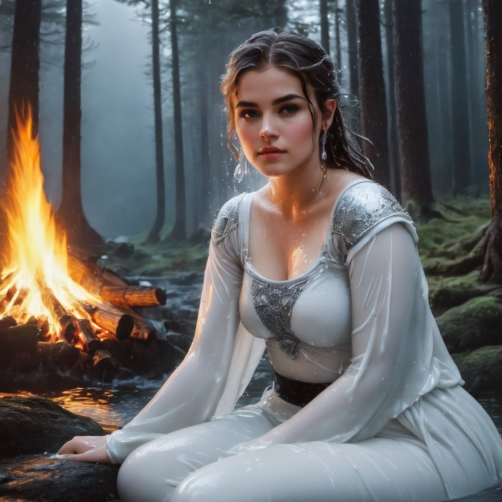 Painting (sparth:0.8) and (Arthur Rackham:1.3) portrait of (Helena the Scholar) with shoulder covered, wearing (elastic top:1.8) with (crystals:1.5), sitting (alone) by the fire in the night forest, (back to camera:2),
stunning and bright white background, Tanya Shatseva, Gabriele Del Otto, Frank Frazetta,
Midjourney AI style, ((wet clothes, wet hair, bathing in water, face focused, skin pores, wet skin : 1.5)),soakingwetclothes