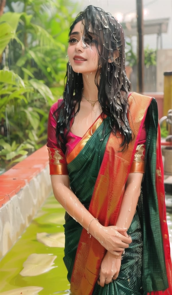 a bride in a saree with a necklace on her neck, a character portrait by Manjit Bawa, behance contest winner, bengal school of art, slight smile, happy, studio portrait, maximalist, studio photography,
, featured on instagram, samikshavad, elegant, rich color palette, 1920s

  ((wet clothes, wet hair, bathing in water, face focused, skin pores, long sleeve blouse, saree , detail face, heavy rain )),wet hair,girl wearing indian saree,aliabhatt,SoakingWetClothes