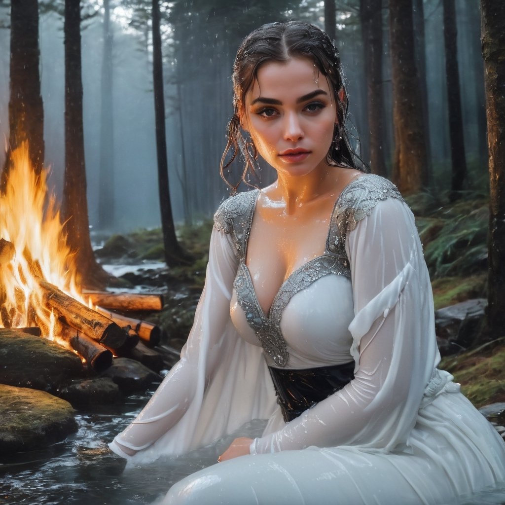 Painting (sparth:0.8) and (Arthur Rackham:1.3) portrait of (Helena the Scholar) with shoulder covered, wearing (elastic top:1.8) with (crystals:1.5), sitting (alone) by the fire in the night forest, (back to camera:2),
stunning and bright white background, Tanya Shatseva, Gabriele Del Otto, Frank Frazetta,
Midjourney AI style, ((wet clothes, wet hair, bathing in water, face focused, skin pores, wet skin : 1.5)),soakingwetclothes