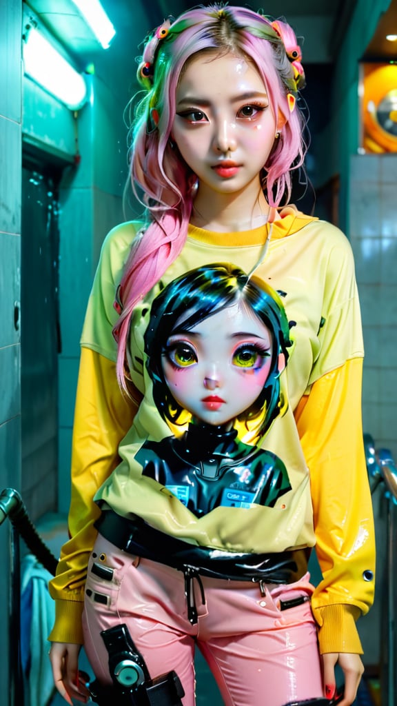 1girl, most beautiful korean girl, Korean beauty model, stunningly beautiful girl, gorgeous girl, 20yo, over sized eyes, big eyes, smiling, looking at viewer, dark gothic cyberpunk woman, defiant face, pastel colors, in clothes, colorful hair, light yellow sweatshirt, pants, black, with pink, guns hd, high detail, huoshen, TheLastOfUs, mgln,masterpiece, wet clothes, wet hair, wet skin, 
