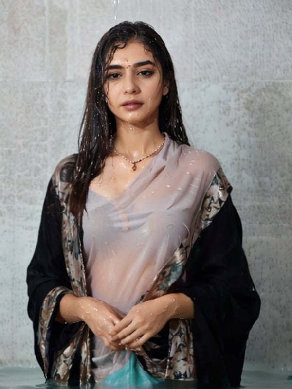 a woman in a sari with a necklace on her neck, a character portrait by Manjit Bawa, behance contest winner, bengal school of art, studio portrait, maximalist, studio photography,
, featured on instagram, samikshavad, elegant, rich color palette, 1920s

  ((wet clothes, wet hair, bathing in water, face focused, skin pores, long sleeve blouse, saree, detail face, heavy rain, shawl)),wet hair,girl wearing indian saree,aliabhatt,SoakingWetClothes