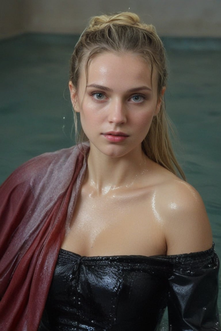 (wet clothes, wet hair, wet, wet face, wet skin,  : 1.4 ),(Chiaroscuro Solid colors background),( Beautiful wet German queen ),(greater details in definitions of face and eyes), (realistic and detailed wet skin textures), (extremely clear image, UHD, resembling realistic professional photographs, film grain), beautiful wet blonde hair,beautiful blue iris, ((wearing Baroque-style crimson dirndl ballgowns, royal cloak, clothes with vibrant colors, holding a shawl on hand, submerge,  hugging, very wet drenched hair, wet face:1.2)), infused with norwegian elements. The dress combines intricate lace and embroidery with colorful ballgown-inspired patterns. A wide obi belt cinches her waist, while puffed sleeves and delicate accessories complete the look, showcasing a striking fusion of cultures.,ct-drago
.
, soakingwetclothes, wet clothes, wet hair, Visual Anime,art_booster,anime_screencap,fake_screenshot,anime coloring