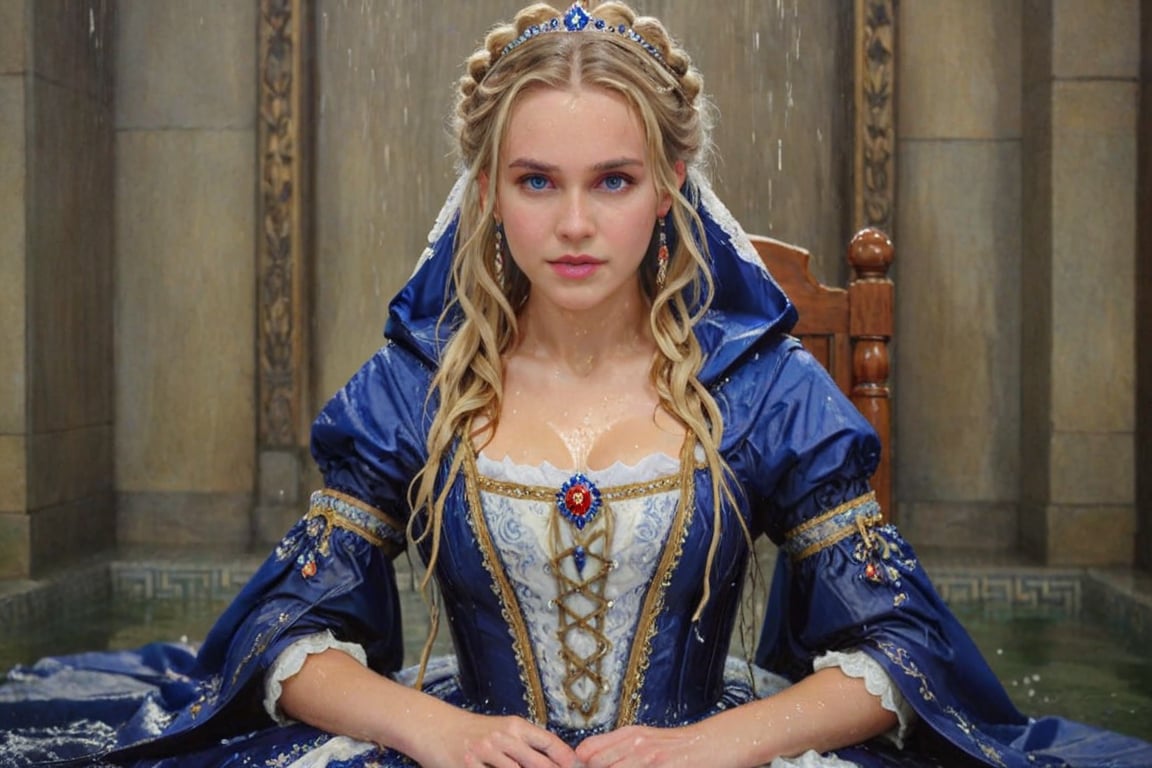 (wet clothes, wet hair, wet, wet face, wet skin,  : 1.4 ),(two Beautiful German queen ),(greater details in definitions of face and eyes), (realistic and detailed skin textures), (extremely clear image, UHD, resembling realistic professional photographs, film grain), beautiful blonde hair,beautiful blue iris, ((wearing Baroque-style dirndl ballgowns and royal cloak with vibrant colors, sitting on a throne, very wet drenched hair, wet face:1.2)), infused with norwegian elements. The dress combines intricate lace and embroidery with colorful ballgown-inspired patterns. A wide obi belt cinches her waist, while puffed sleeves and delicate accessories complete the look, showcasing a striking fusion of cultures.,ct-drago
.
, soakingwetclothes, wet clothes, wet hair, Visual Anime,art_booster,anime_screencap,fake_screenshot,anime coloring