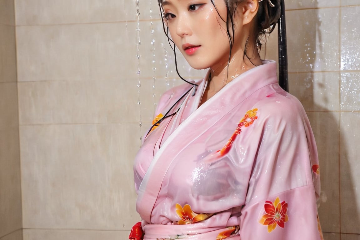 photo of japanese idol, looking away, kimono,   (((wet clothes, wet hair, wet skin, wet, soaked, clothes cling to skin:1.2)),soakingwetclothes