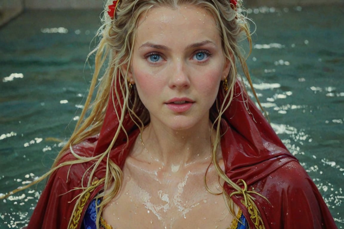 (wet clothes, wet hair, wet, wet face, wet skin,  : 1.4 ),( Beautiful German queen ),(greater details in definitions of face and eyes), (realistic and detailed skin textures), (extremely clear image, UHD, resembling realistic professional photographs, film grain), beautiful blonde hair,beautiful blue iris, ((wearing Baroque-style crimson dirndl ballgowns and veiled royal cloak with vibrant colors, submerge,  hugging, very wet drenched hair, wet face:1.2)), infused with norwegian elements. The dress combines intricate lace and embroidery with colorful ballgown-inspired patterns. A wide obi belt cinches her waist, while puffed sleeves and delicate accessories complete the look, showcasing a striking fusion of cultures.,ct-drago
.
, soakingwetclothes, wet clothes, wet hair, Visual Anime,art_booster,anime_screencap,fake_screenshot,anime coloring