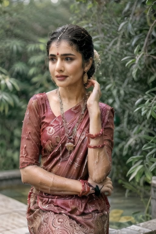 fashion photography portrait of 1girl, offshoulder, fluffy long hair, soft light, rim light, beautiful shadow, low key, (photorealistic, raw photo:1.2), (), hyperrealism, ultra high res, 4K, Best quality, masterpiece, necklace, (cleavage:0.8), in the dark,Saree, full pic, amazing background,  ((wet clothes, wet hair, sitting in water, face focused, skin pores, long sleeve blouse, saree, detail face)),wet hair,girl wearing indian saree