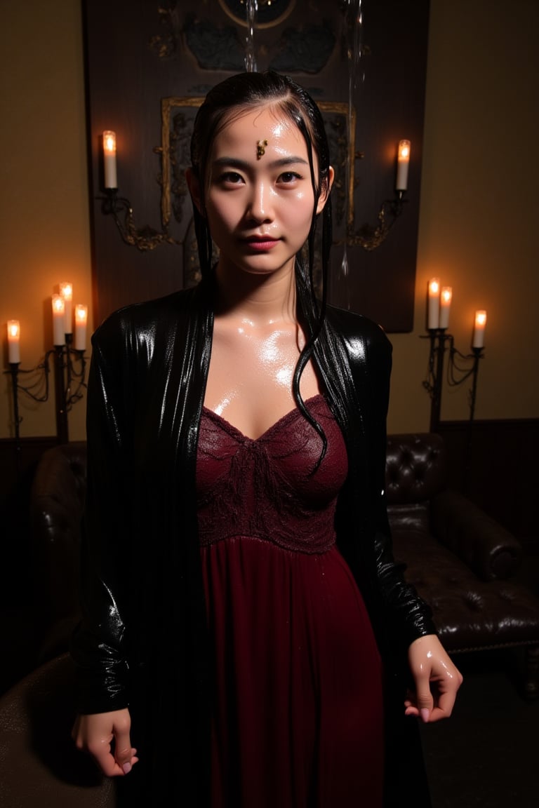 A photo of a soaking wet Korean woman with dark wet hair and a fair complexion. She is wearing a wet dark red dress with intricate patterns and details. The wet dress has a flowing design and is paired with a wet black shawl that is draped elegantly over her shoulders. The woman has a beautiful face and wears a piece of jewelry on her forehead. The background is a dimly lit room with candlelit walls and mysterious shadows. The atmosphere is dark and atmospheric, setting the stage for a dark fantasy.. they are doused with slime.  wet, soakingwet, 
.,Fetishwet,wet_hair,Wet,covered in oil,covered in mud,wam,wet clothes,pouring oil,wetlook,pouring oil, 