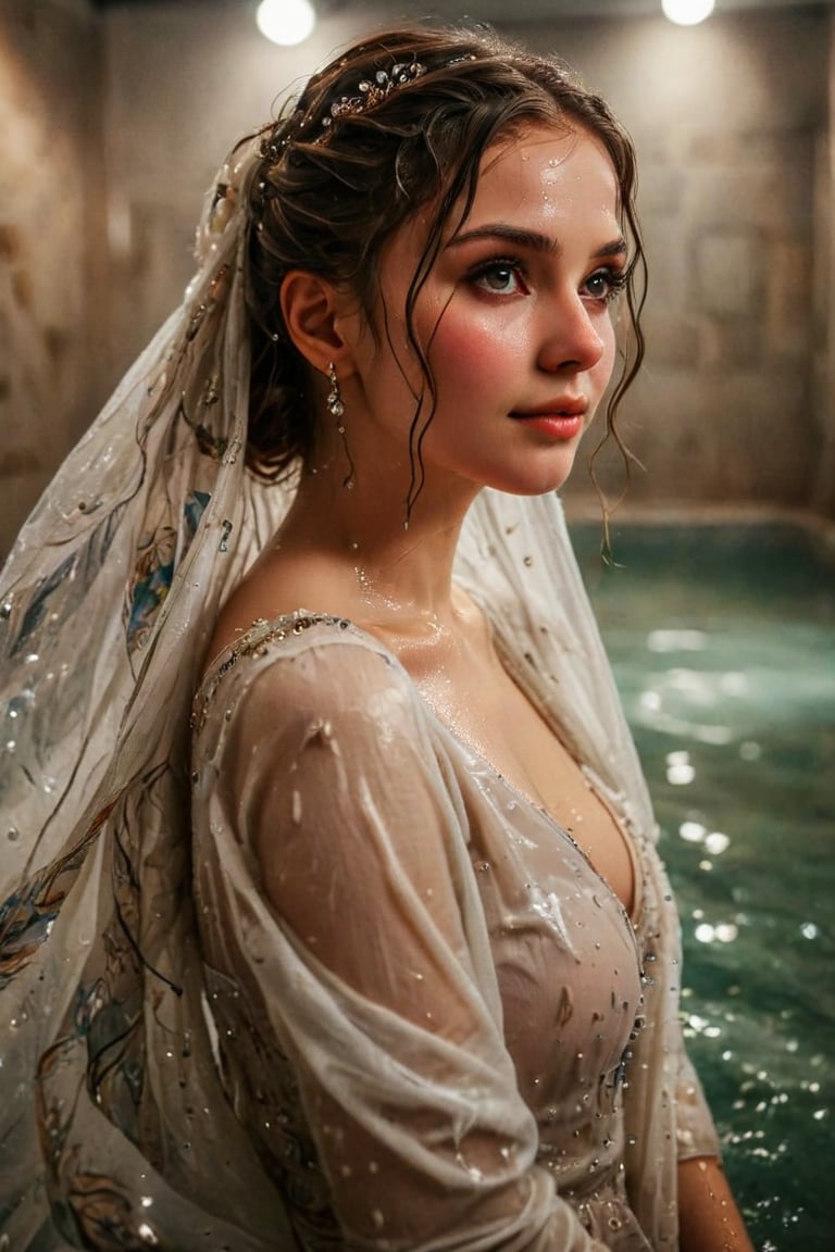 beautiful photo of a soaking wet girl. (masterpiece, top quality, best quality, official art, beautiful and aesthetic, wearing ballgown drapped with shawl:1.2), (1girl:1.4), portrait, extreme detailed, highest detailed, simple background, 16k, high resolution, perfect dynamic composition, bokeh, (sharp focus:1.2), super wide angle, high angle, high color contrast, medium shot, depth of field, blurry background,,itacstl, slight smile, ballgown, full sleeve

(wet clothes, wet hair, wet, wet face, wet skin, : 1.4 ), soakingwetclothes, wet clothes, wet hair, Visual Anime,Pakistani dress