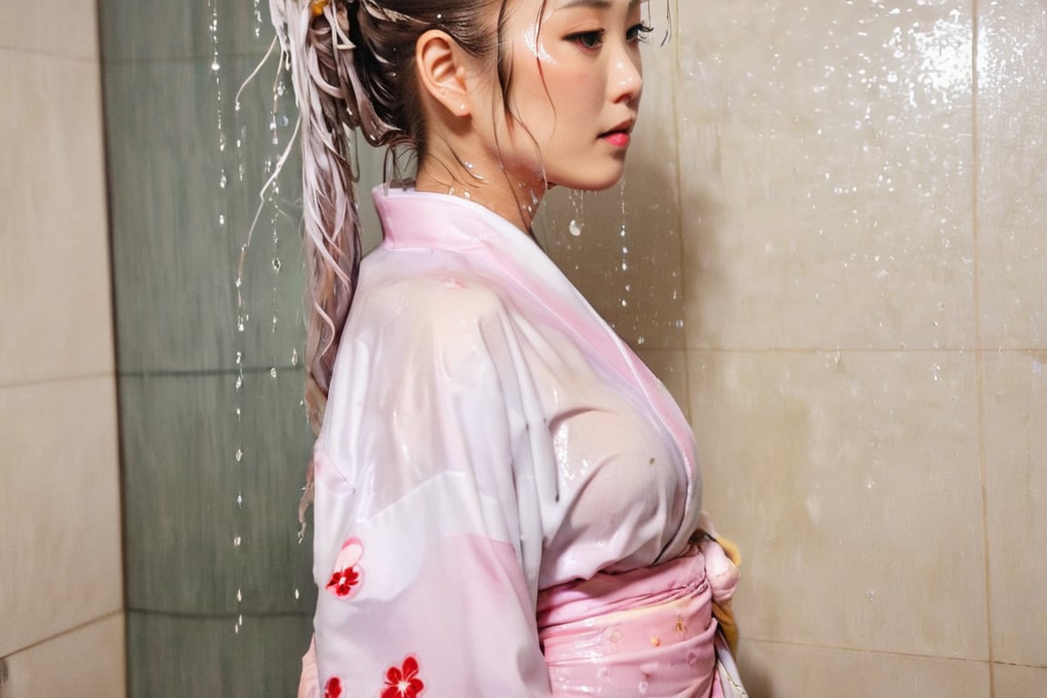 photo of japanese idol, looking away, kimono,   (((wet clothes, wet hair, wet skin, wet, soaked, clothes cling to skin:1.2)),soakingwetclothes