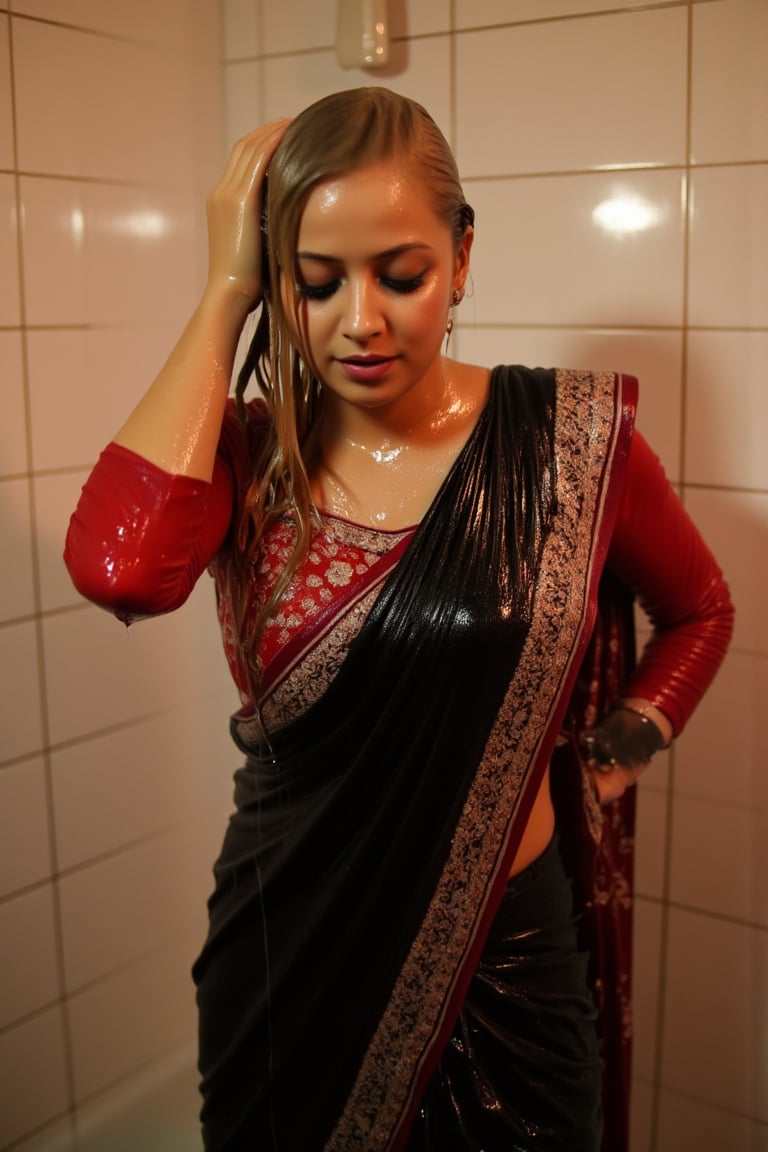 A woman standing in a tiled room. Her eyes closed in a moment of serenity. She wears wet slimy indian traditional black bridal saree with white traditional embroidary design, full sleeve red bouse with pattened design, wet long dupatta with patterned design as a veil, and very light brown hair, bathing with shampoo. Shampoo in hair. Soap flowing through clothes. wet red bridal veil .saree that clings to her body. The scene is illuminated by the soft, warm light of the room, highlighting the water droplets on her skin. The composition captures her relaxed pose, with the soap water flowing down her form, creating a sensual and intimate atmosphere. The background features a tiled room with steam rising, adding to the ambiance.,Fetishwet,wet_hair,Wet,covered in oil,covered in mud,wam,wet clothes,pouring oil,wetlook,pouring oil