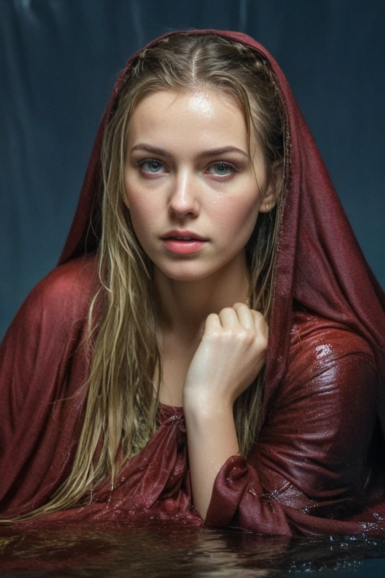 (wet clothes, wet hair, wet, wet face, wet skin,  : 1.4 ),(Chiaroscuro Solid colors background),( Beautiful wet German queen ),(greater details in definitions of face and eyes), (realistic and detailed wet skin textures), (extremely clear image, UHD, resembling realistic professional photographs, film grain), beautiful wet blonde hair,beautiful blue iris, ((wearing Baroque-style crimson dirndl ballgowns, royal cloak, clothes with vibrant colors, holding a shawl on hand, submerge,  hugging, very wet drenched hair, wet face:1.2)), infused with norwegian elements. The dress combines intricate lace and embroidery with colorful ballgown-inspired patterns. A wide obi belt cinches her waist, while puffed sleeves and delicate accessories complete the look, showcasing a striking fusion of cultures.,ct-drago
.
, soakingwetclothes, wet clothes, wet hair, Visual Anime,art_booster,anime_screencap,fake_screenshot,anime coloring